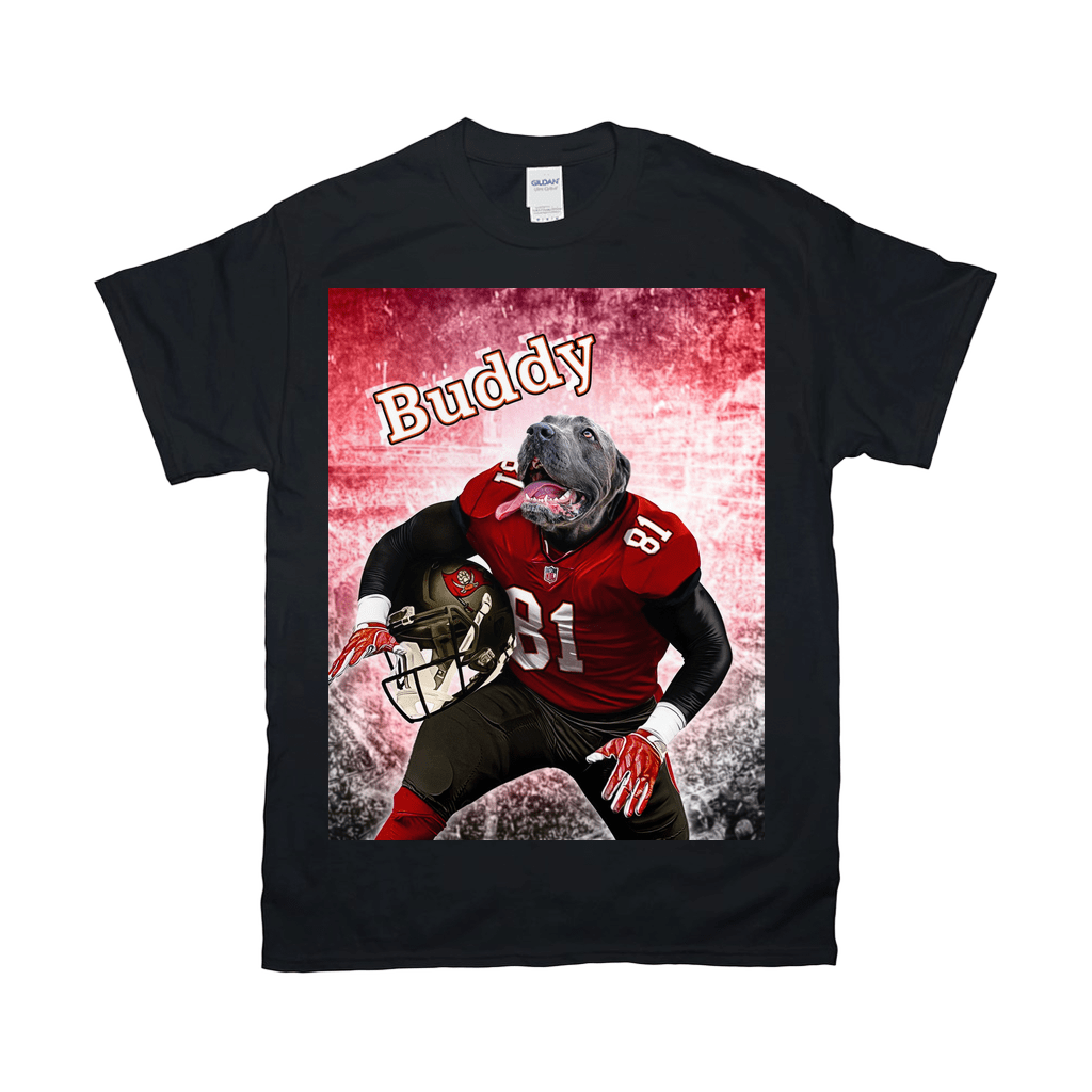 Black Gildan t-shirt with a personalized graphic of a gray dog in a red football uniform, holding a helmet.