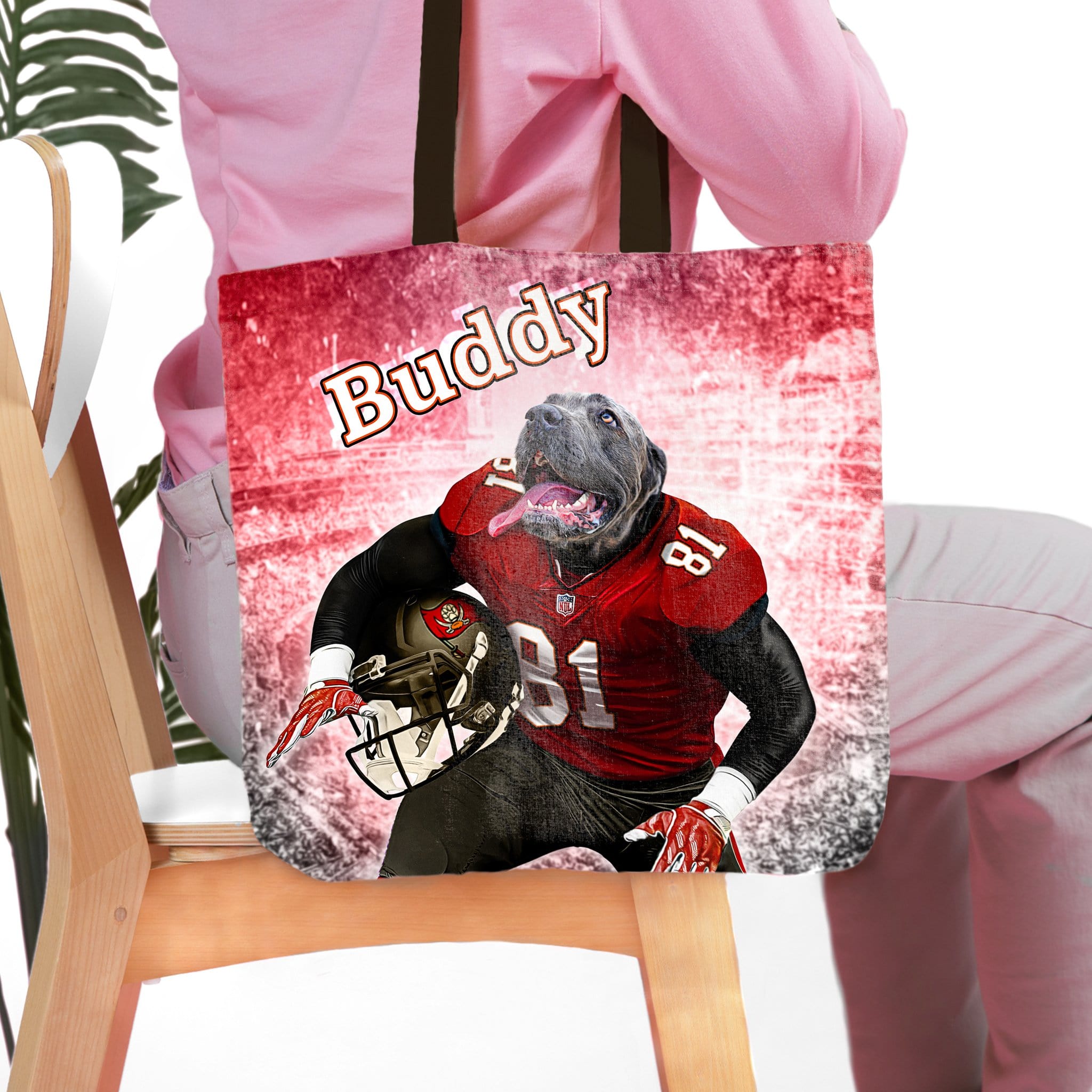 Personalized Tampa Bay Doggos tote bag with a custom dog portrait in a football uniform.