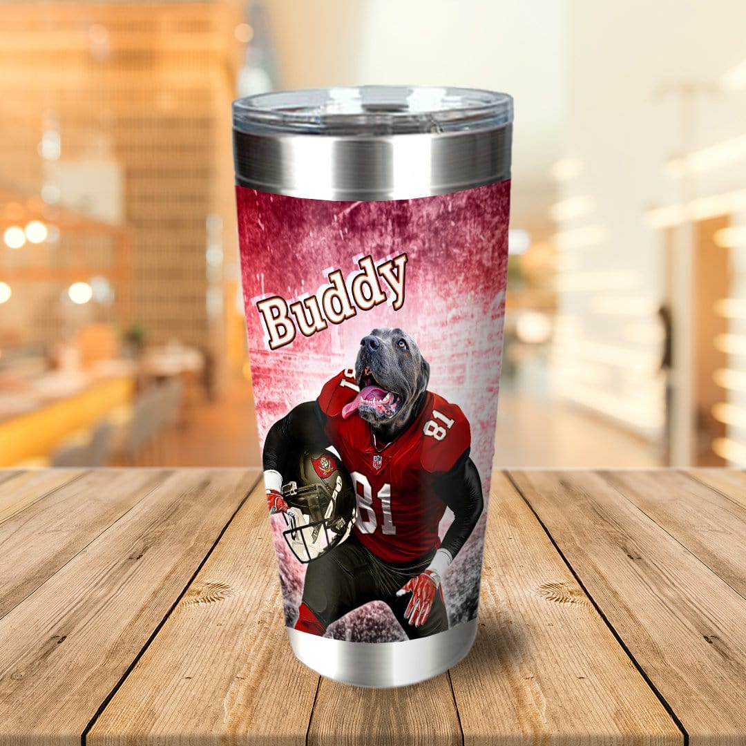 Personalized stainless steel tumbler with a dog in a red football uniform and "Buddy" text.