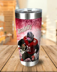 Personalized stainless steel tumbler with a dog in a red football uniform and "Buddy" text.