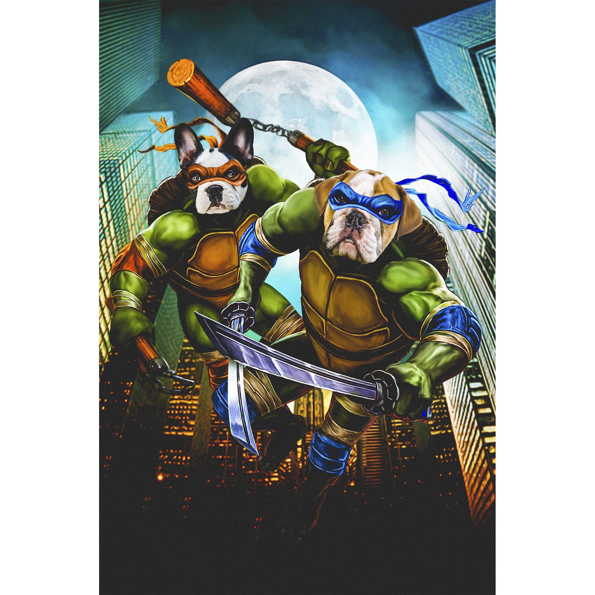 Custom digital portrait of two dogs as Teenage Mutant Ninja Turtles in a city at night.