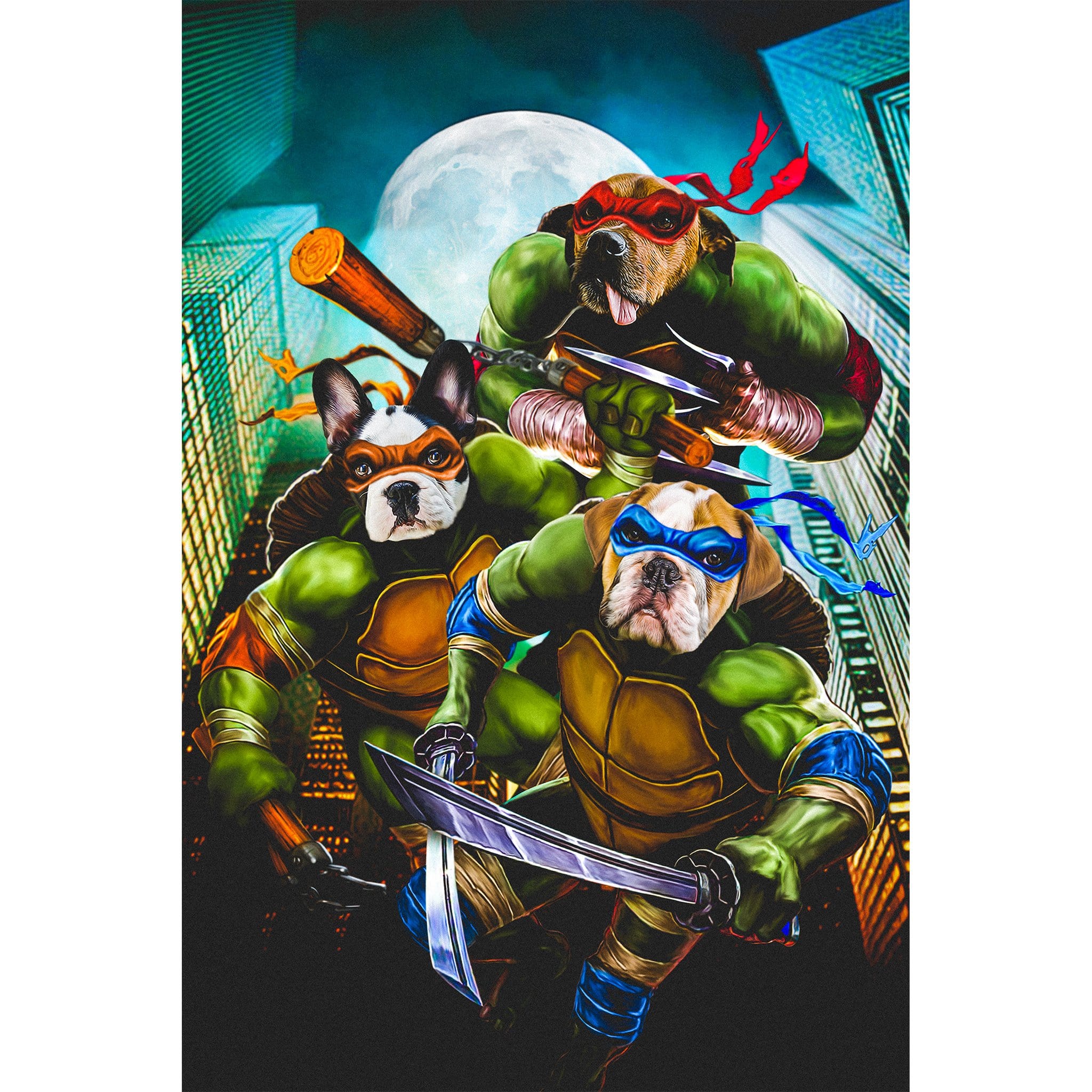 Custom digital portrait of three dogs as Teenage Mutant Ninja Turtles, with city background and full moon.