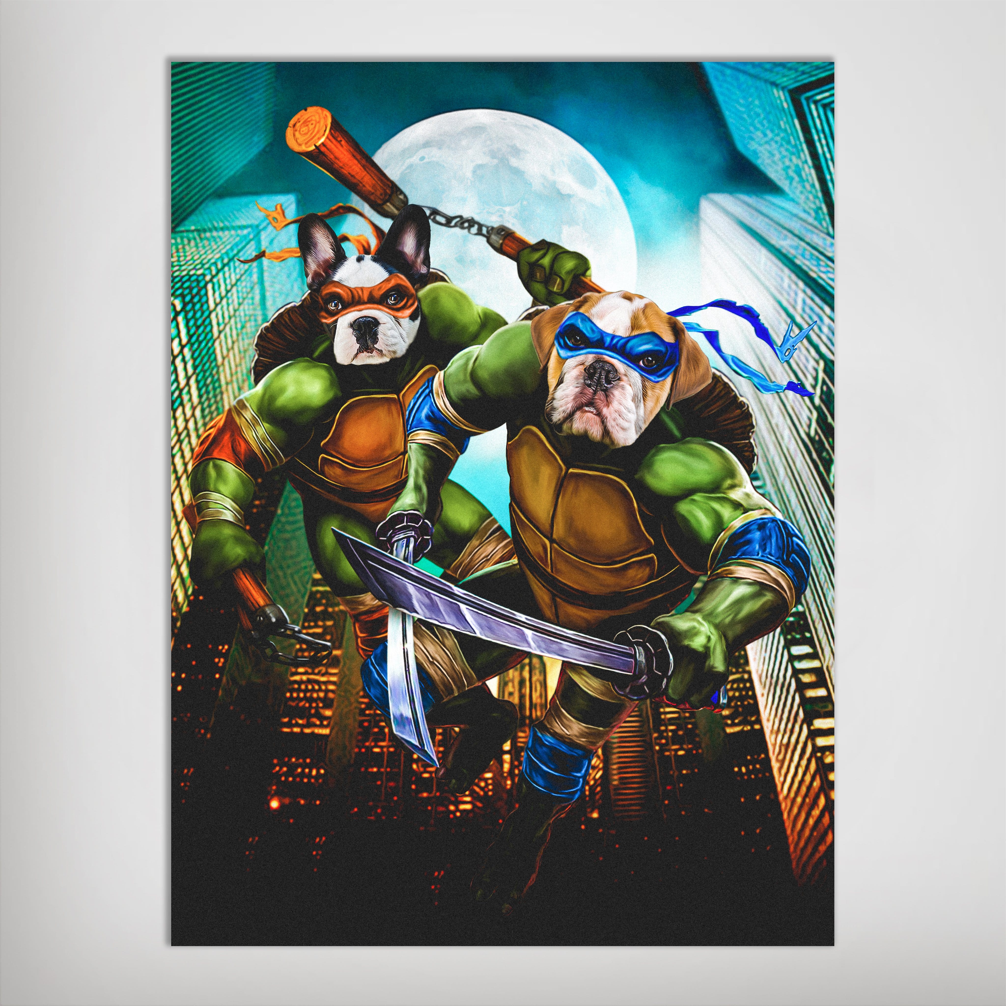 Personalized matte poster featuring two dogs as Teenage Mutant Ninja Turtles in a city at night.