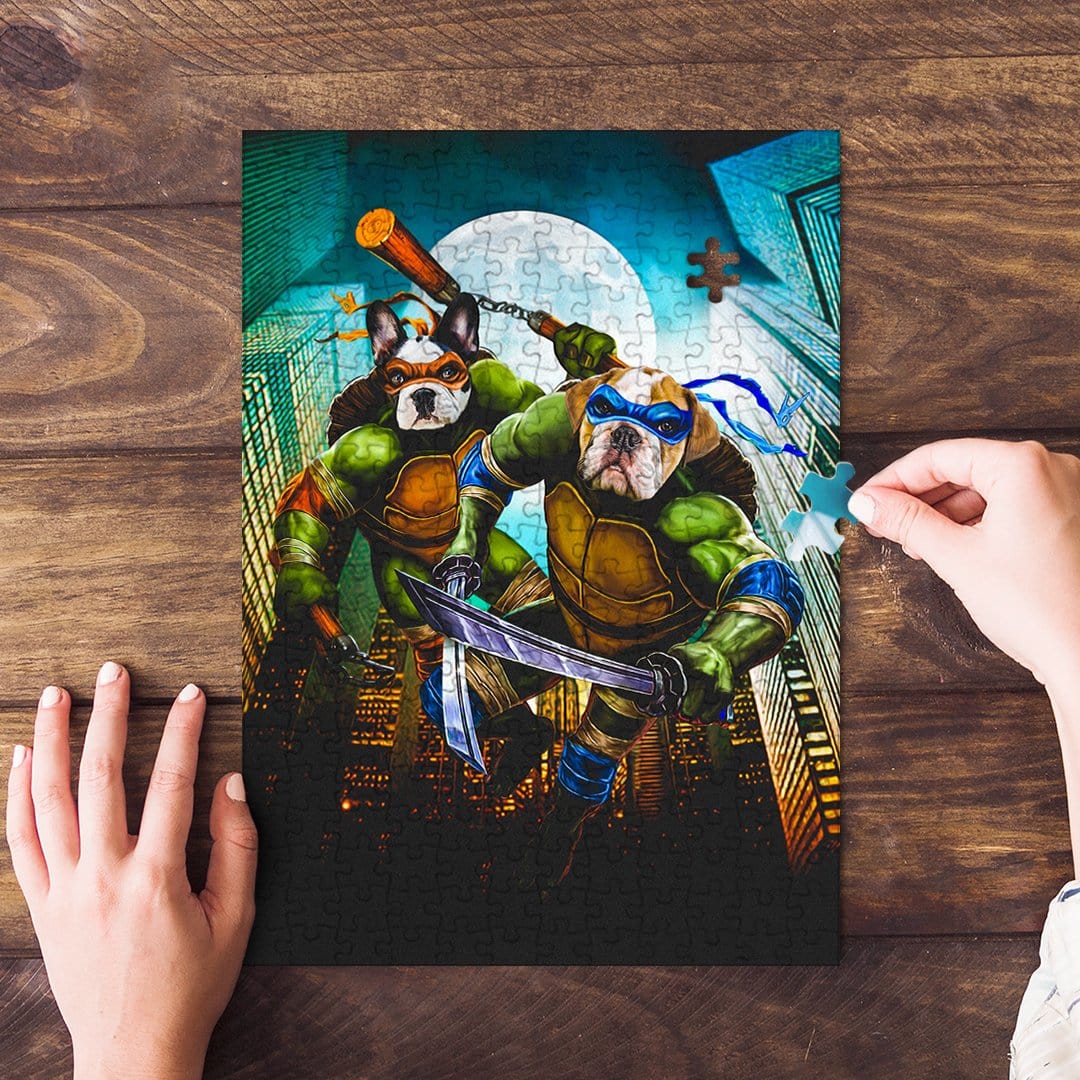Personalized 2-pet puzzle featuring dogs as Teenage Mutant Ninja Turtles, on a wooden table.