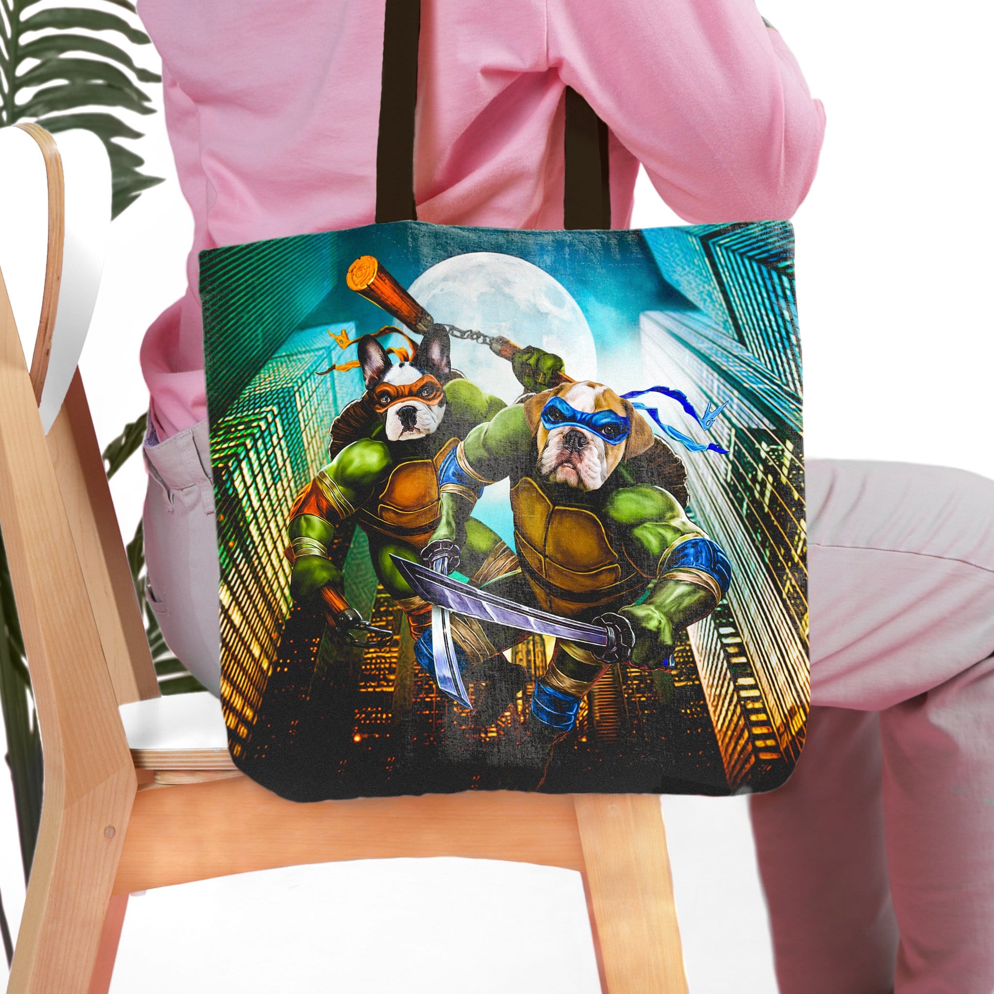 Personalized 2-pet tote bag with dogs as Teenage Mutant Ninja Turtles in a city scene.