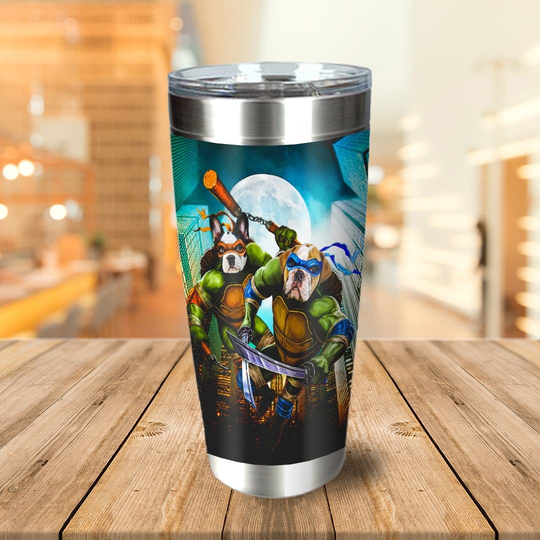 Personalized stainless steel tumbler with two dogs as Ninja Turtles, full moon, and city skyline.