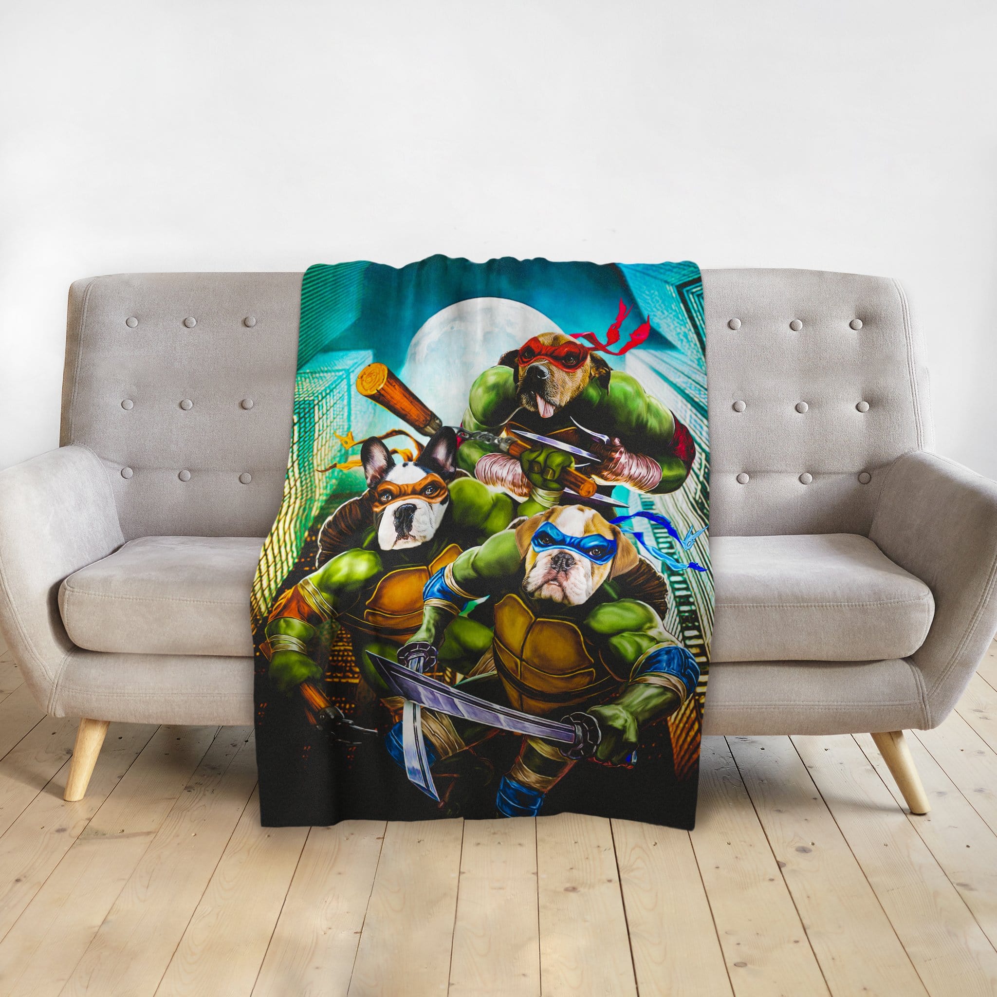 Personalized 3-pet blanket with dogs as Teenage Mutant Ninja Turtles in a city scene.