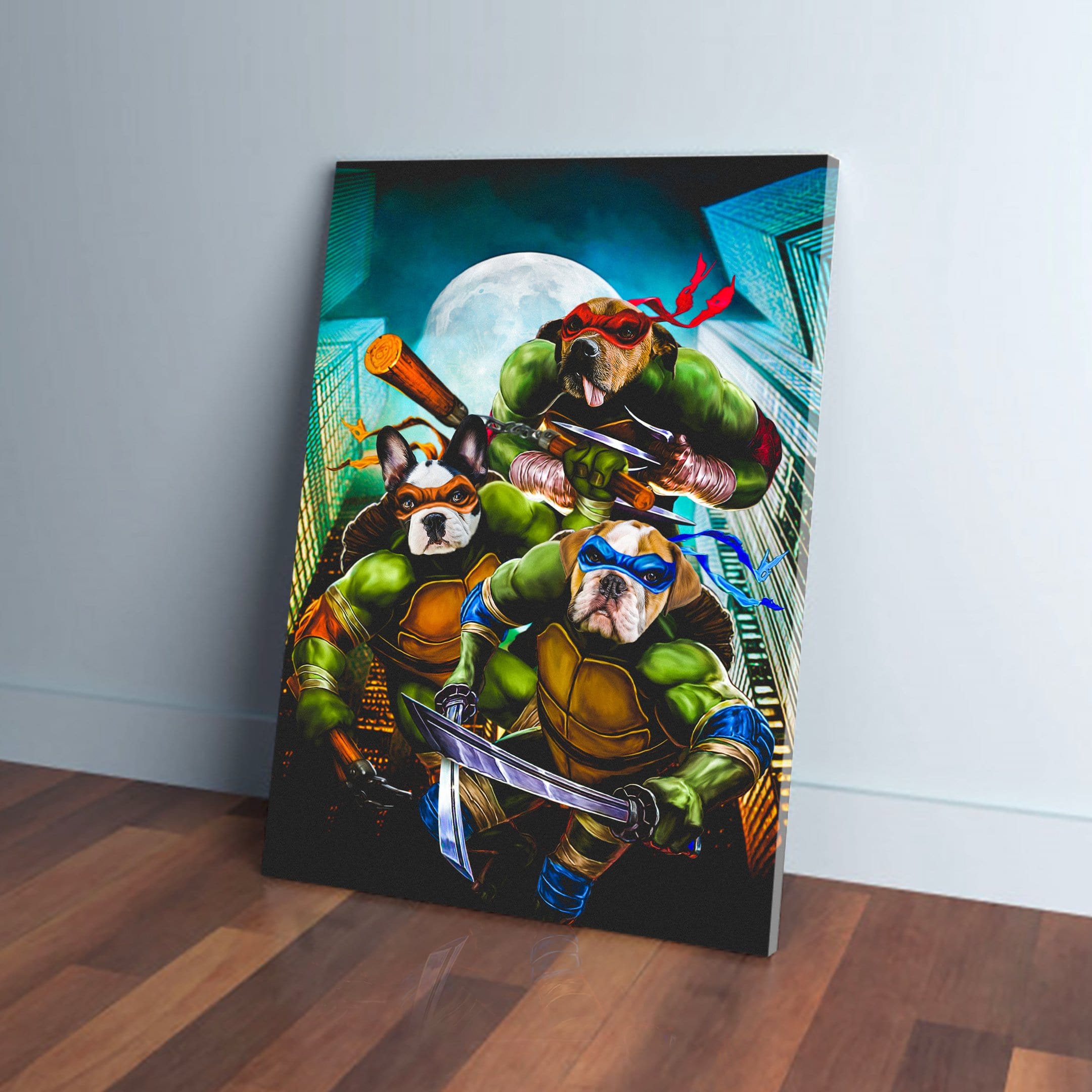 Custom canvas art featuring three dogs as Teenage Mutant Ninja Turtles against a city skyline at night.