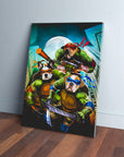 Custom canvas art featuring three dogs as Teenage Mutant Ninja Turtles against a city skyline at night.