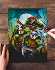Personalized 3-pet puzzle featuring dogs as Teenage Mutant Ninja Turtles, on a wooden table.