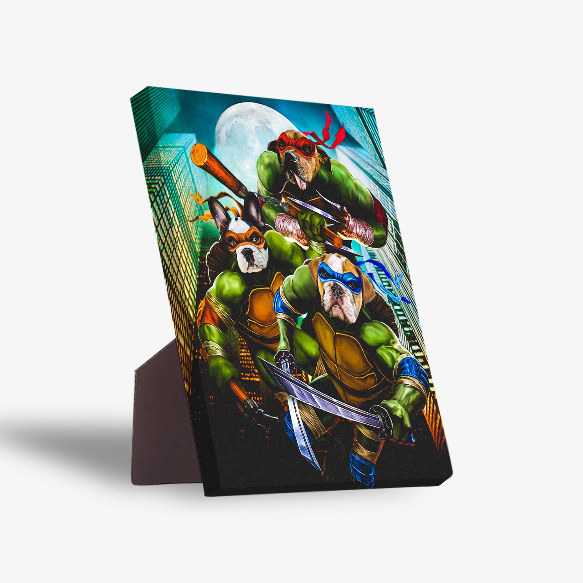 Personalized 3-pet "Teenage Mutant Ninja Doggos" canvas with stand, featuring dogs as ninjas in a city at night.