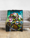 Personalized 4-pet blanket with dogs as Teenage Mutant Ninja Turtles, draped on a gray sofa.