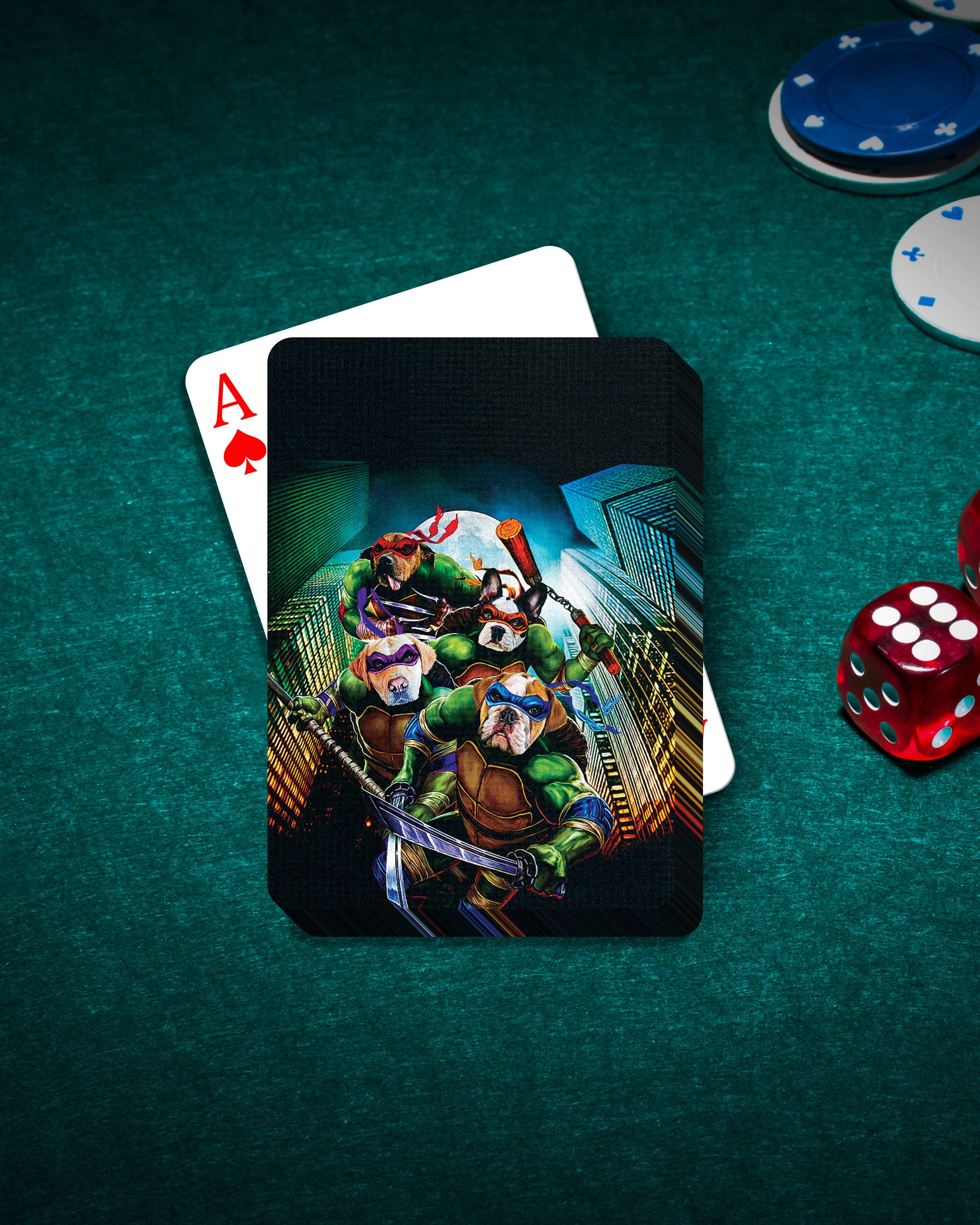 Custom playing cards featuring four dogs as Ninja Turtles on a green poker table with chips and red dice.