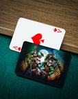 Personalized playing cards featuring four pets as "Teenage Mutant Ninja Doggos" on a dark green felt surface.