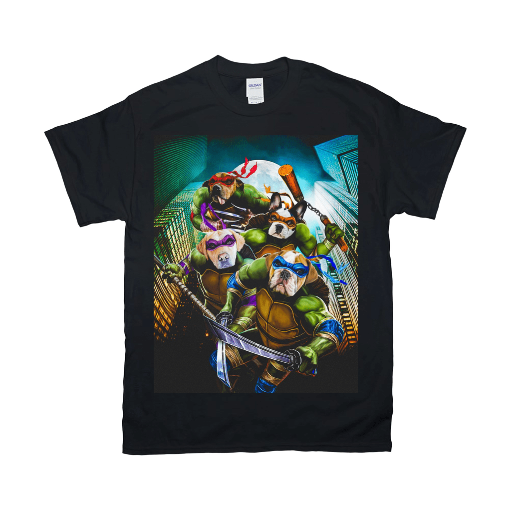 Black Gildan t-shirt with a "Teenage Mutant Ninja Doggos" personalized 4-pet design, featuring dogs as turtles.