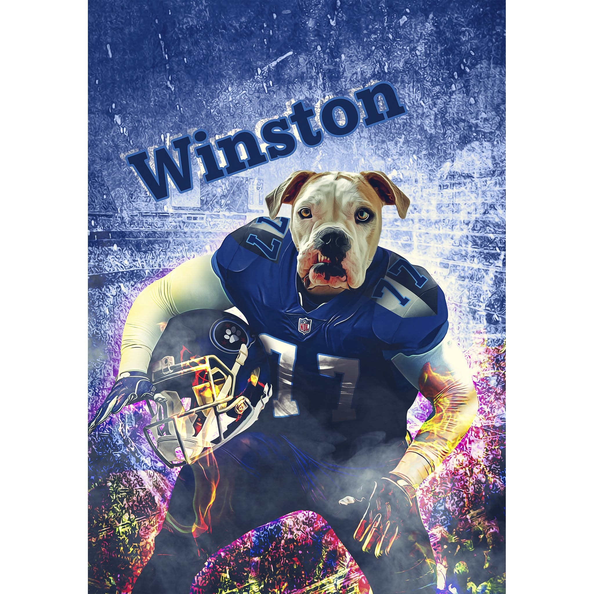 Personalized digital portrait of a bulldog in a blue football uniform with "Winston" above.