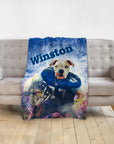 Personalized pet portrait blanket featuring a bulldog in a blue football uniform, named Winston.