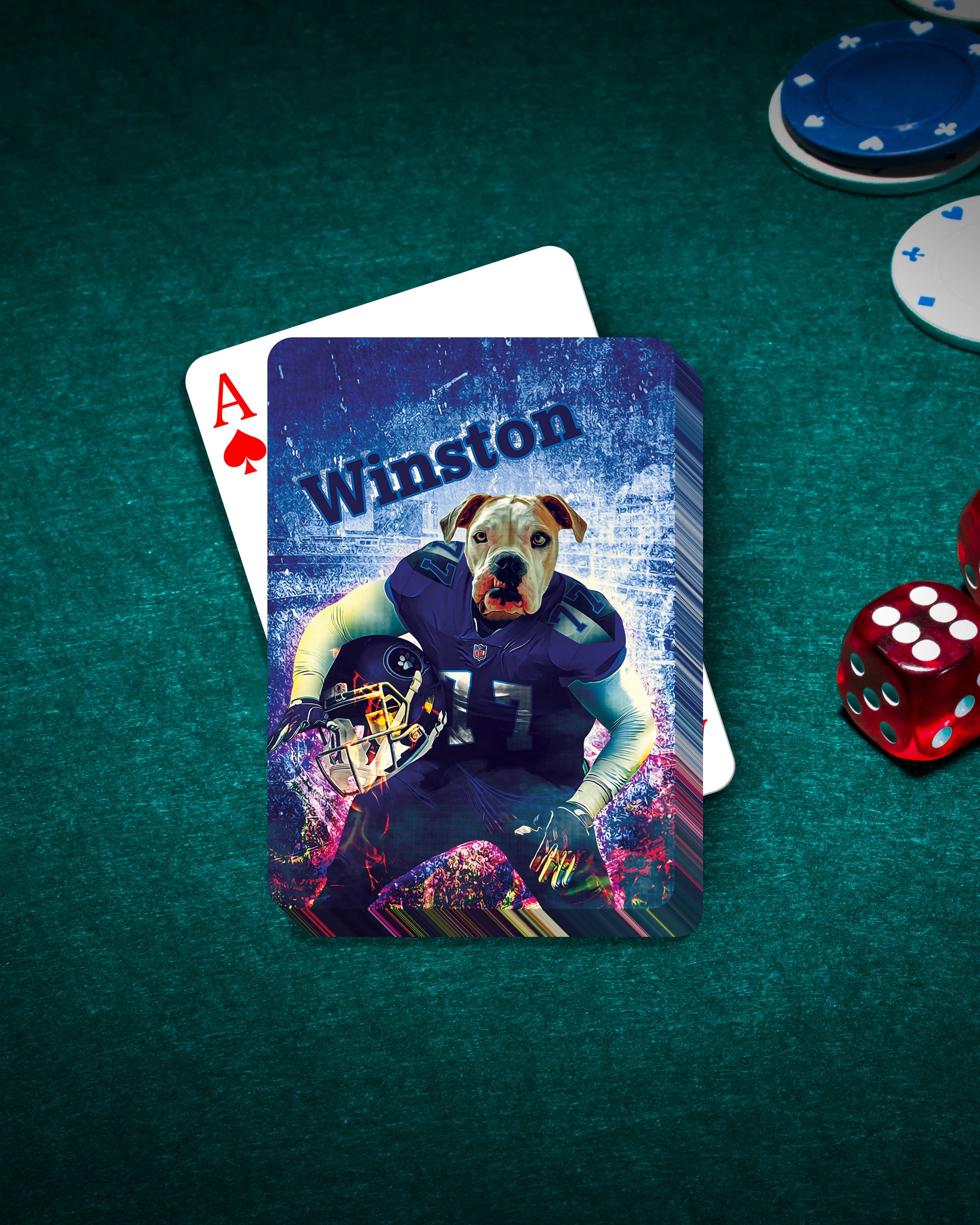Personalized playing card featuring a bulldog's head on a football player's body, with the name "Winston".