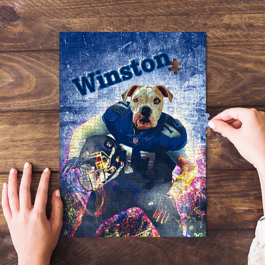 Personalized pet puzzle featuring a dog's face on a football player's body, with "Winston" text.
