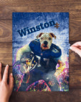 Personalized pet puzzle featuring a dog's face on a football player's body, with "Winston" text.