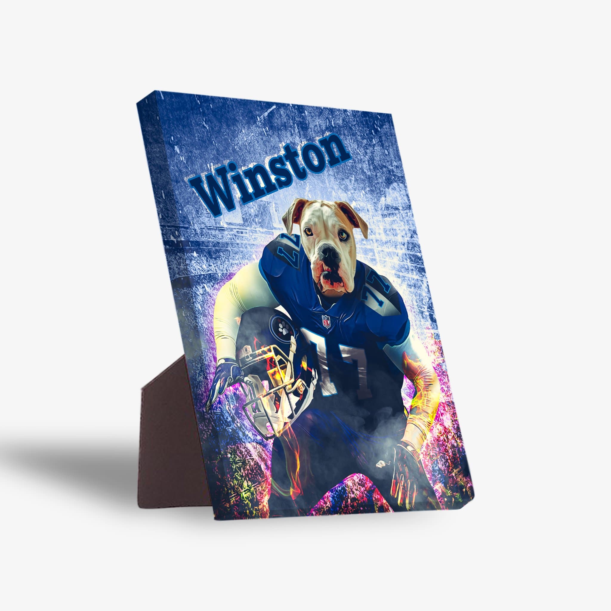 Personalized pet standing canvas featuring a bulldog's head on a football player's body, with "Winston" text.