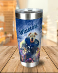 Personalized stainless steel tumbler with a custom dog portrait in a football uniform, featuring the name "Winston".