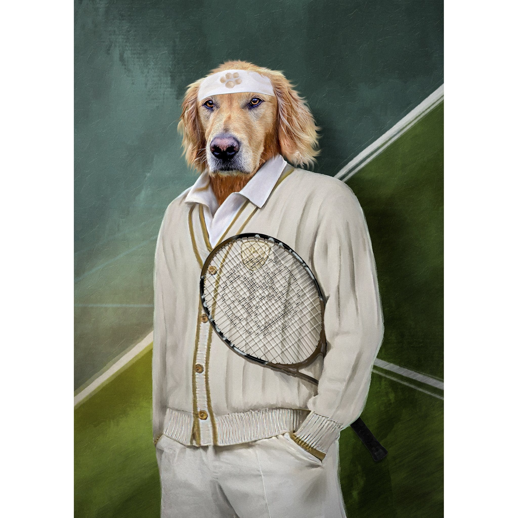 Custom Golden Retriever pet portrait as a tennis player in a white outfit.