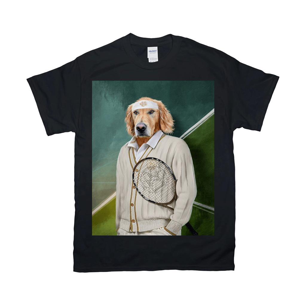 Black Gildan t-shirt with a golden retriever in a white tennis outfit holding a racket.