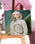 Personalized tote bag with a custom pet portrait of a Golden Retriever as a tennis player.