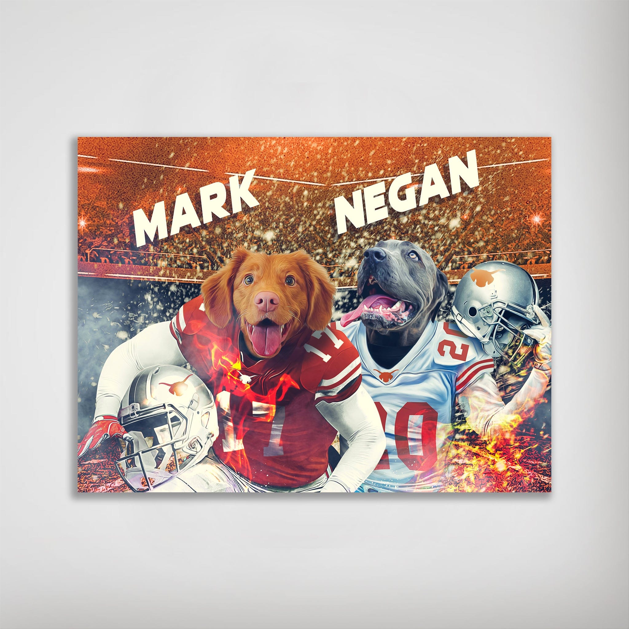 Personalized "Texas Horn Doggos" poster featuring two pets as football players in custom jerseys.
