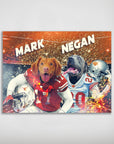 Personalized "Texas Horn Doggos" poster featuring two pets as football players in custom jerseys.