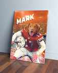 Personalized pet canvas featuring a dog in a red football uniform with "MARK" above.