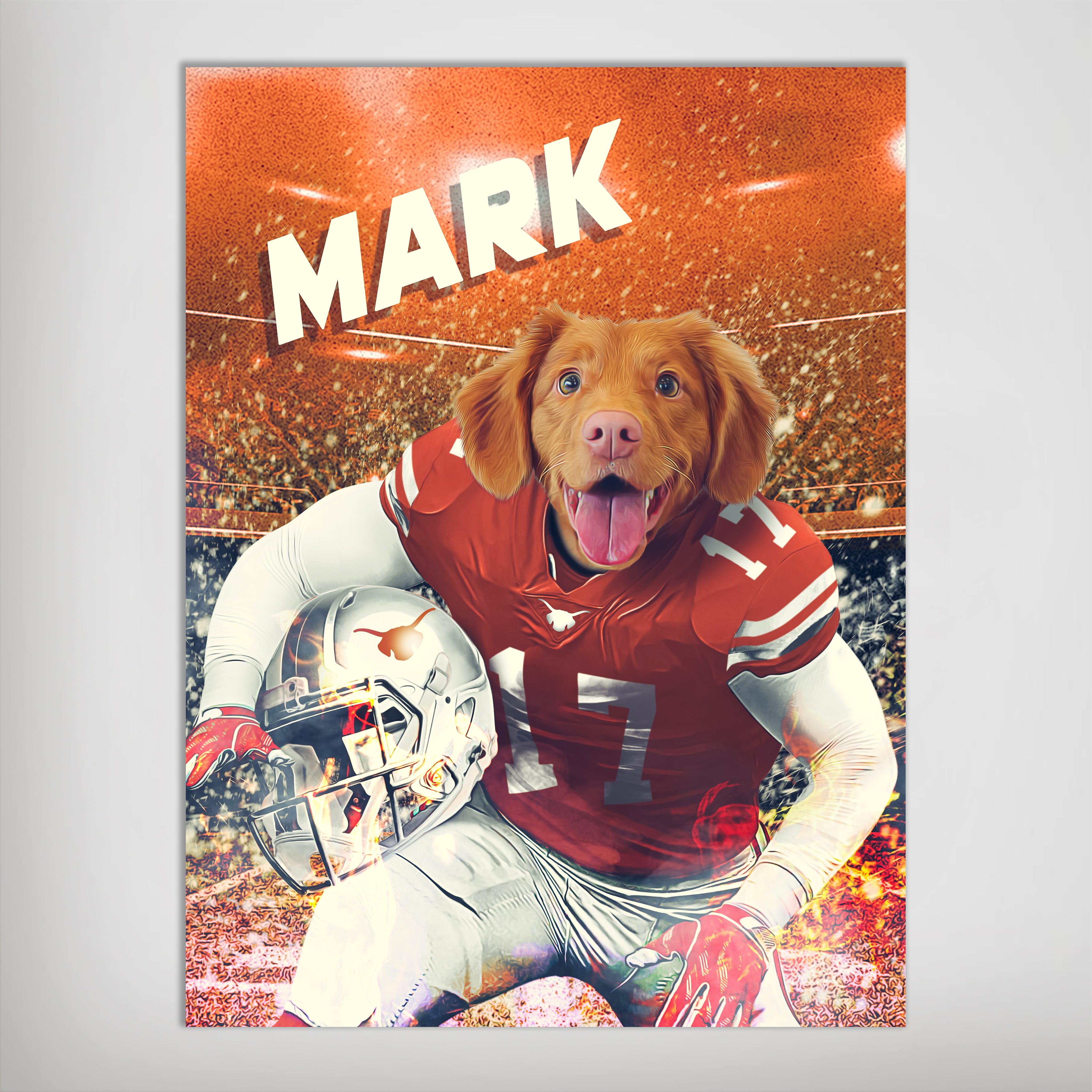 Personalized 'Texas Horn Doggos' pet poster featuring a dog in a red football uniform, holding a helmet.