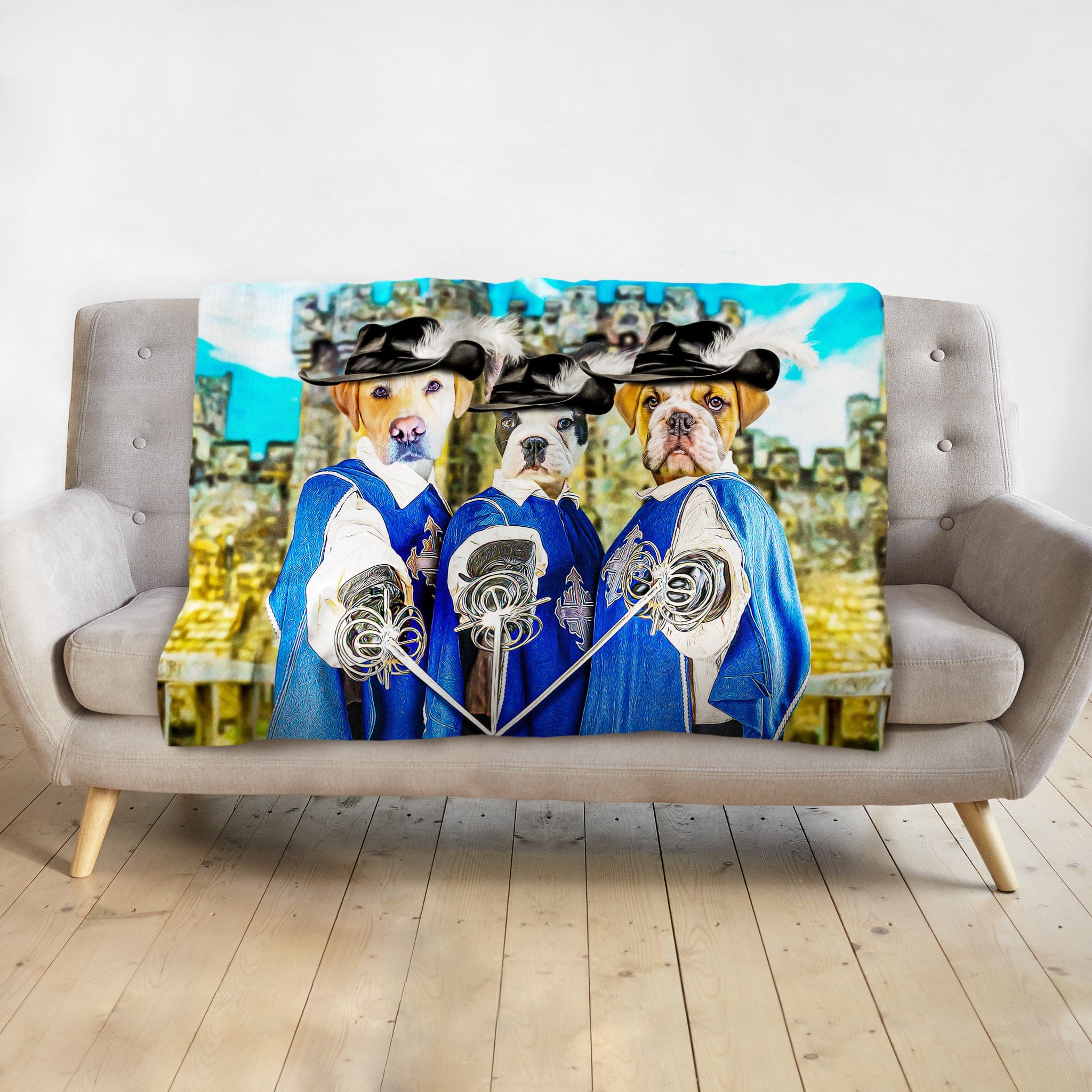 Custom 3-pet personalized blanket with dogs in Renaissance musketeer portraits, blue coats, and hats.