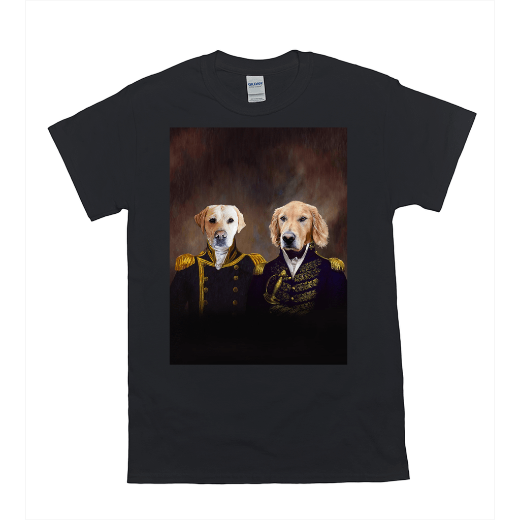 Black Gildan t-shirt featuring a personalized portrait of two pets dressed as an admiral and captain.