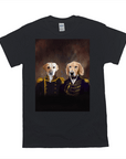 Black Gildan t-shirt featuring a personalized portrait of two pets dressed as an admiral and captain.