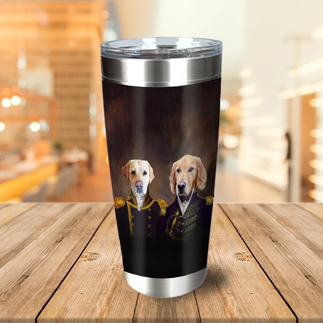 Personalized stainless steel tumbler with custom renaissance portraits of two dogs in Admiral and Captain uniforms.