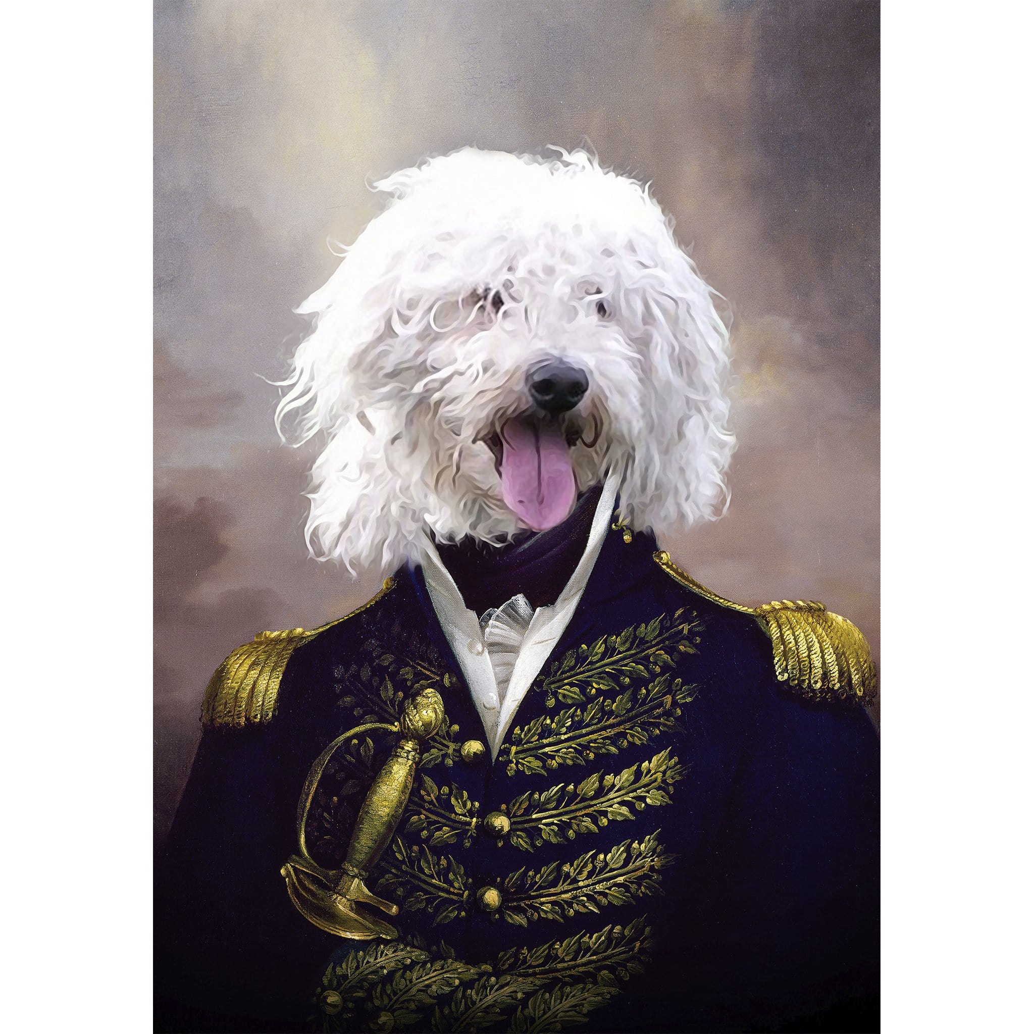 Custom digital portrait of a white dog in a blue and gold Admiral's uniform.