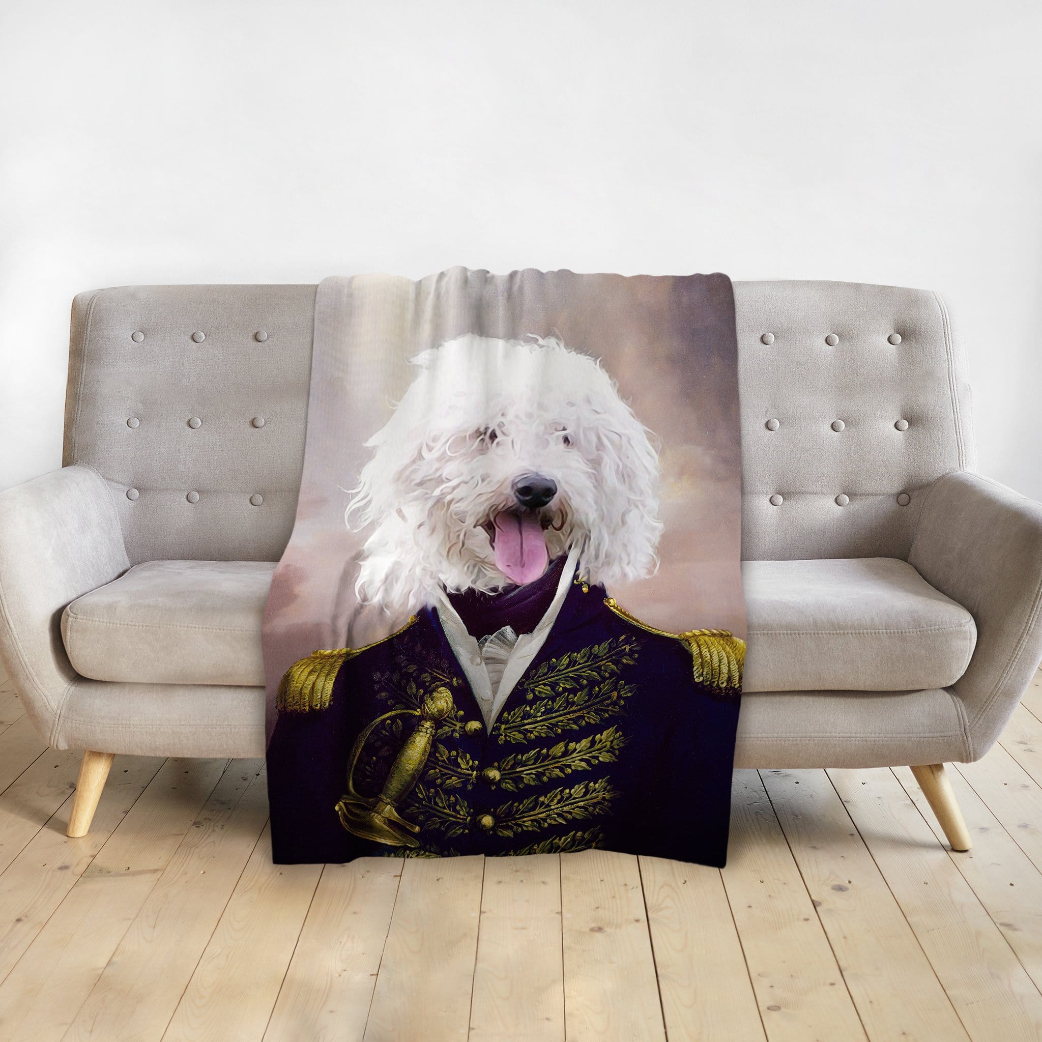 Personalized pet blanket with a white dog in a royal admiral portrait.