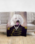 Personalized pet blanket with a white dog in a royal admiral portrait.