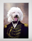 Personalized "The Admiral" pet poster featuring a white dog in a navy blue and gold military uniform.