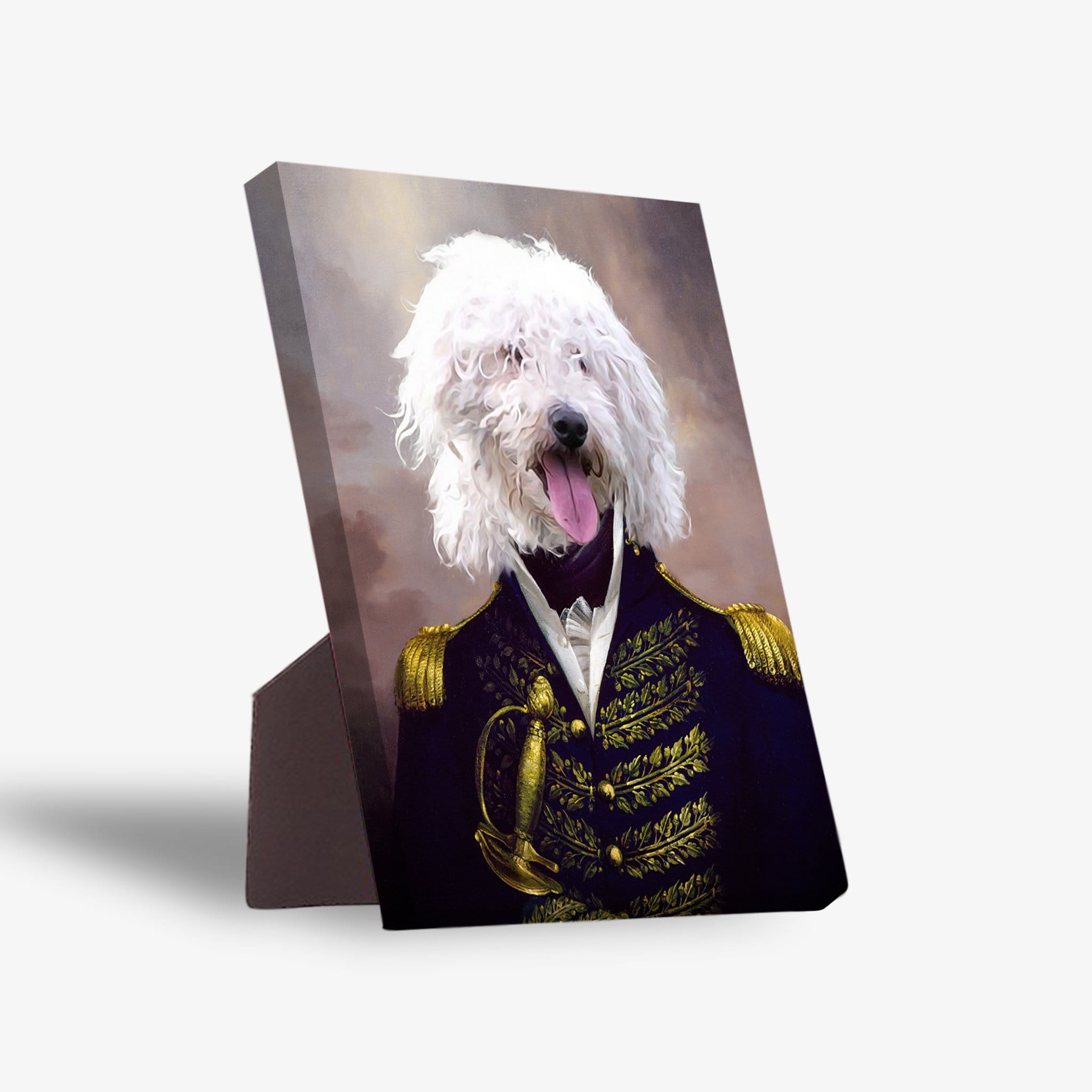 Personalized pet standing canvas featuring a white fluffy dog in a navy blue and gold Admiral uniform.