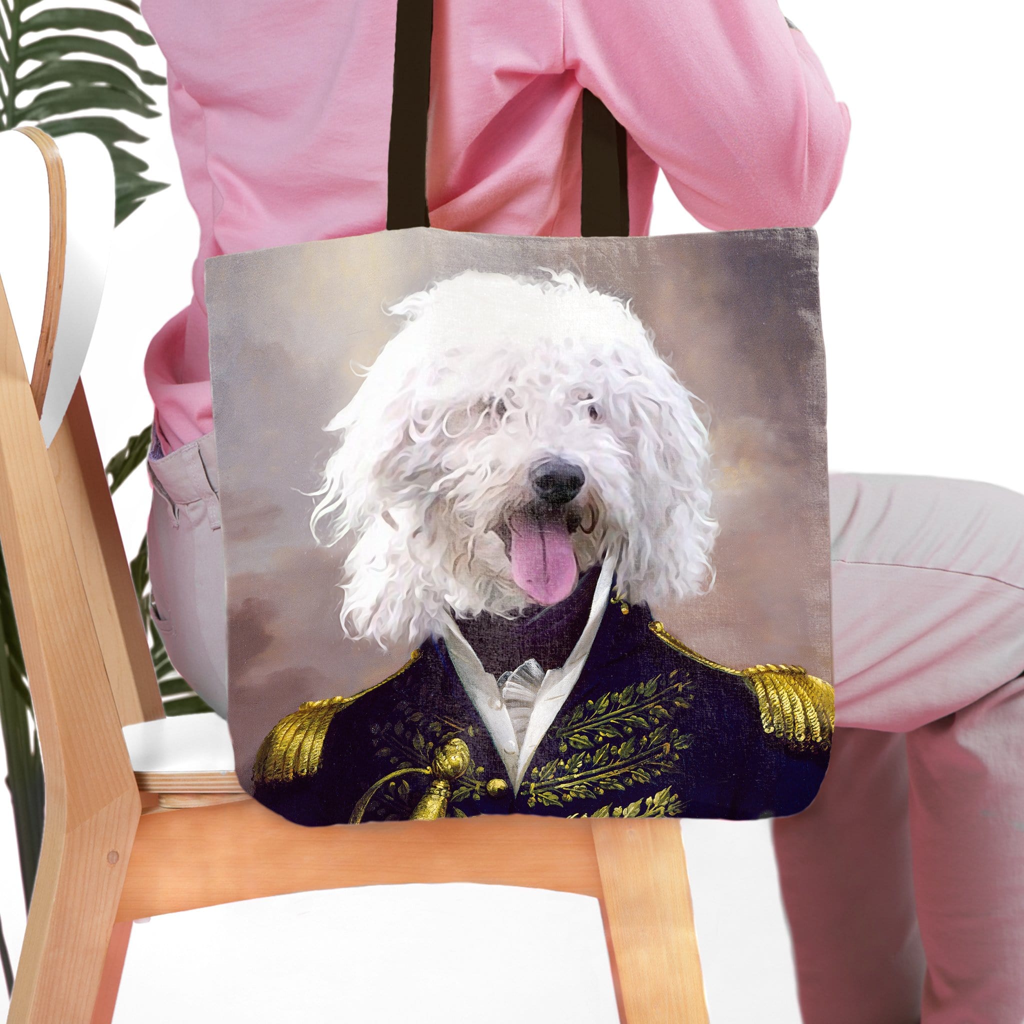 Personalized 'The Admiral' tote bag with a custom royal portrait of a white curly-haired dog.