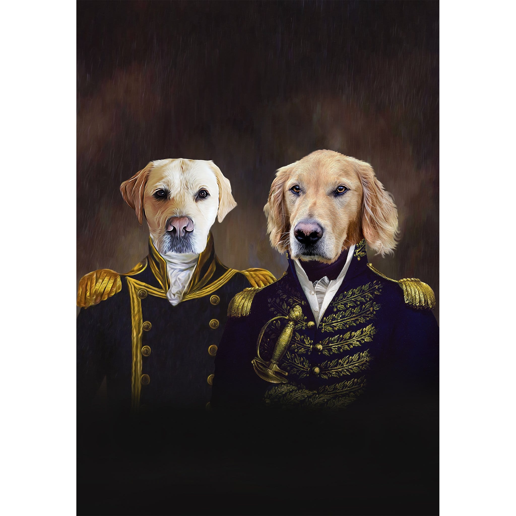 Custom digital portrait of two dogs as a naval admiral and captain in royal renaissance style.