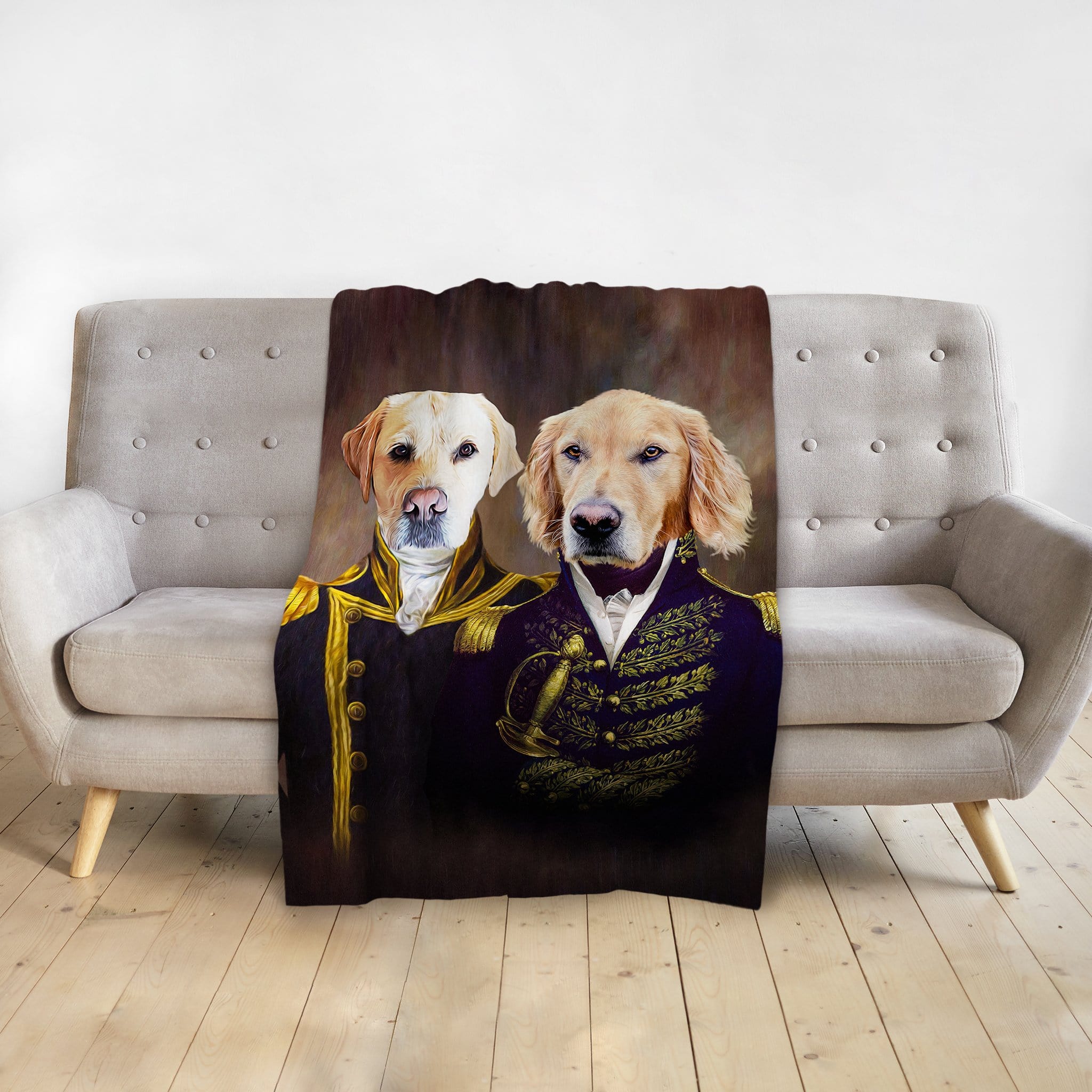 Personalized 2-pet renaissance portrait blanket featuring a Labrador and Golden Retriever in admiral uniforms.