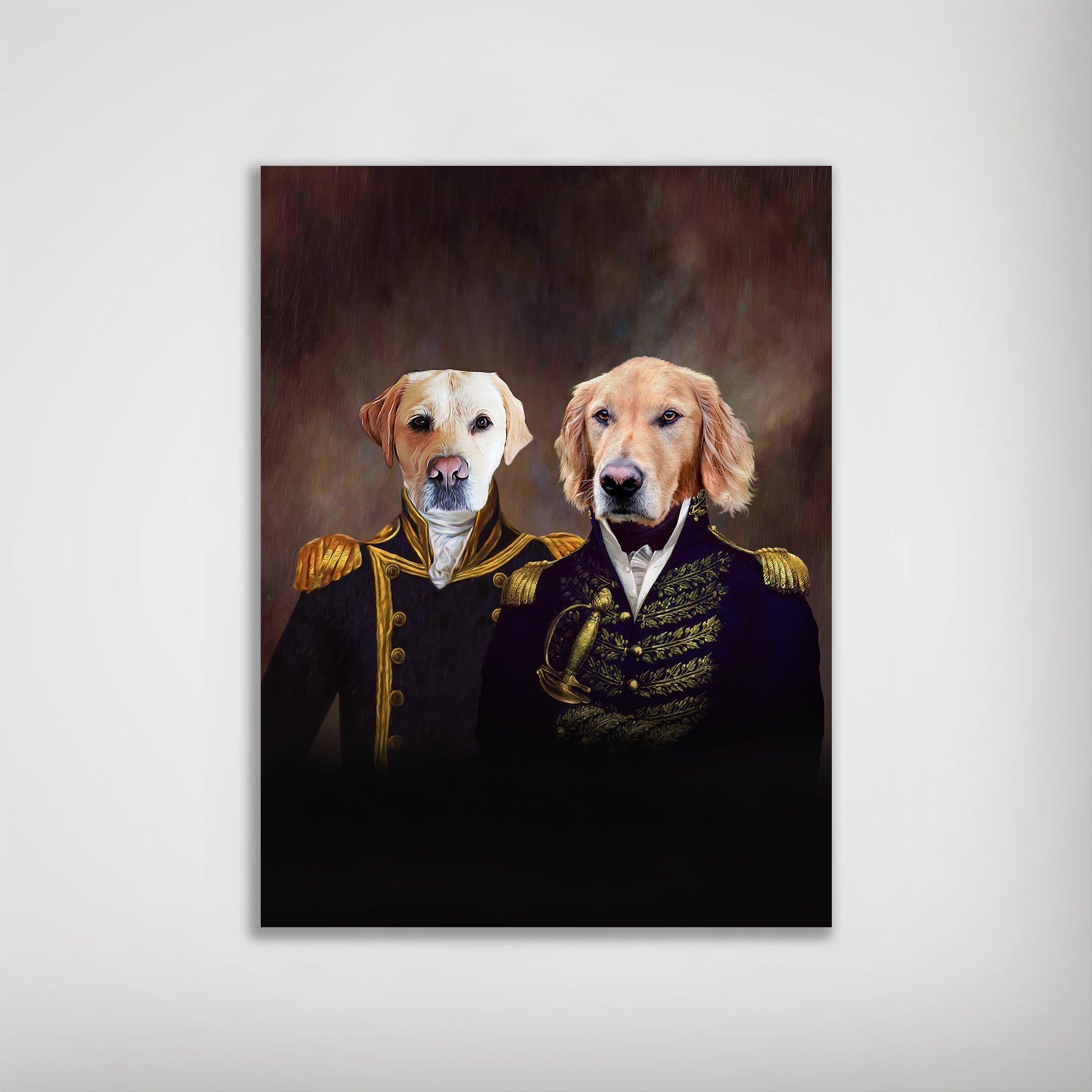 Personalized 2 pet poster featuring a yellow lab and golden retriever in admiral and captain uniforms.