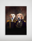 Two dogs, a yellow lab and a golden retriever, digitally portrayed as an admiral and a captain in ornate navy and purple uniforms on a matte poster.