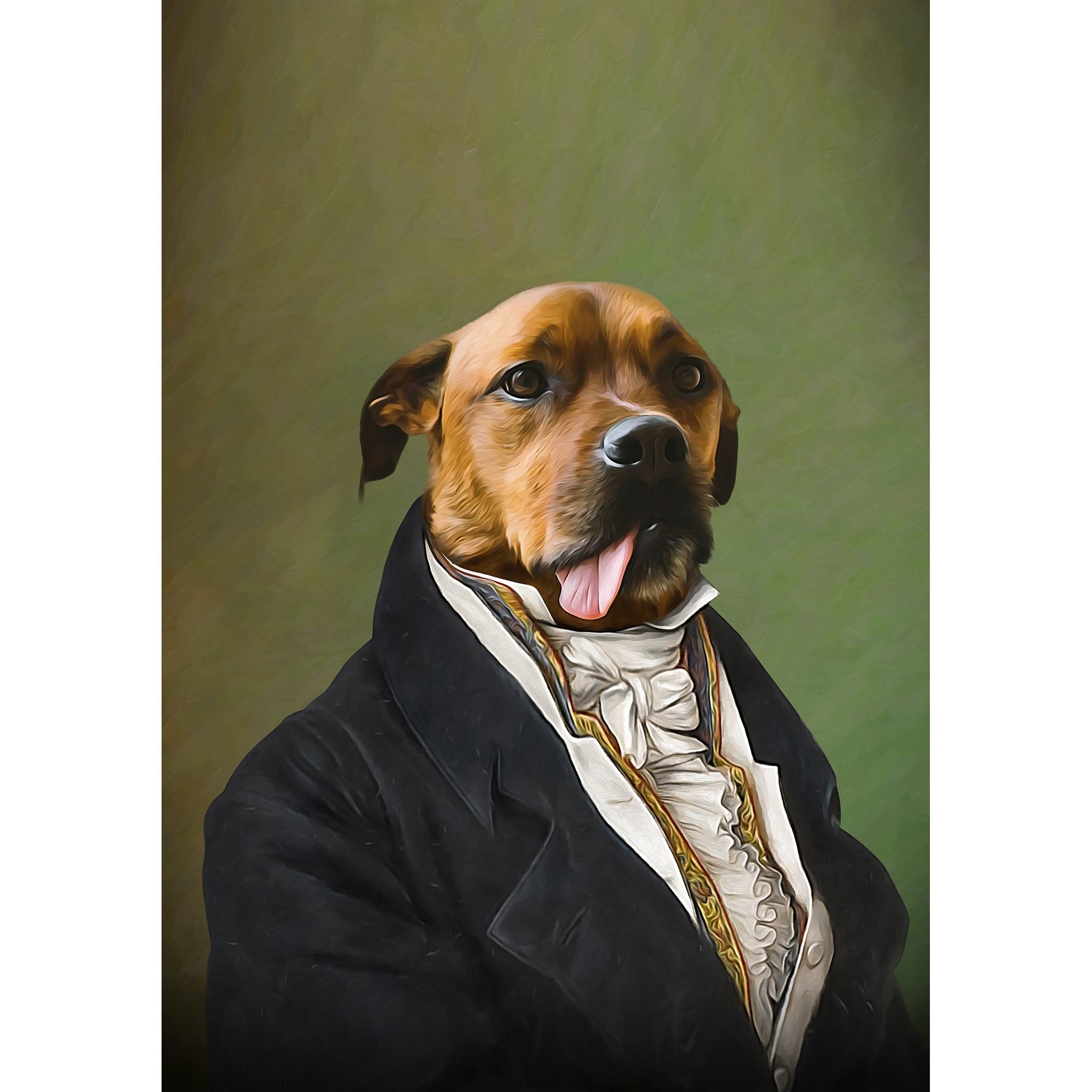 Custom digital portrait of a brown dog in a black renaissance suit with a ruffled white shirt.
