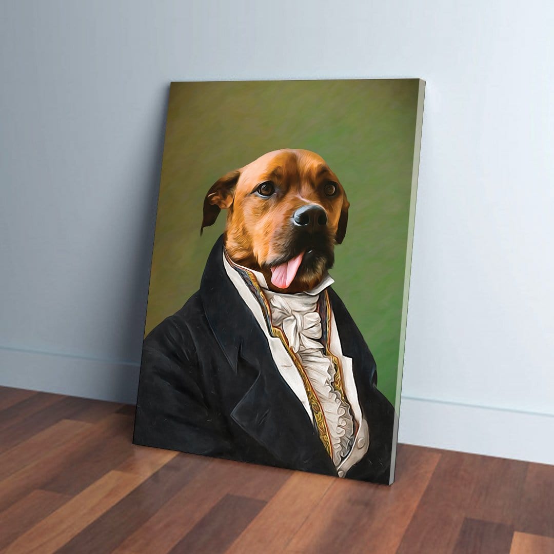 Custom pet portrait canvas featuring a brown dog in a black suit against a green background.