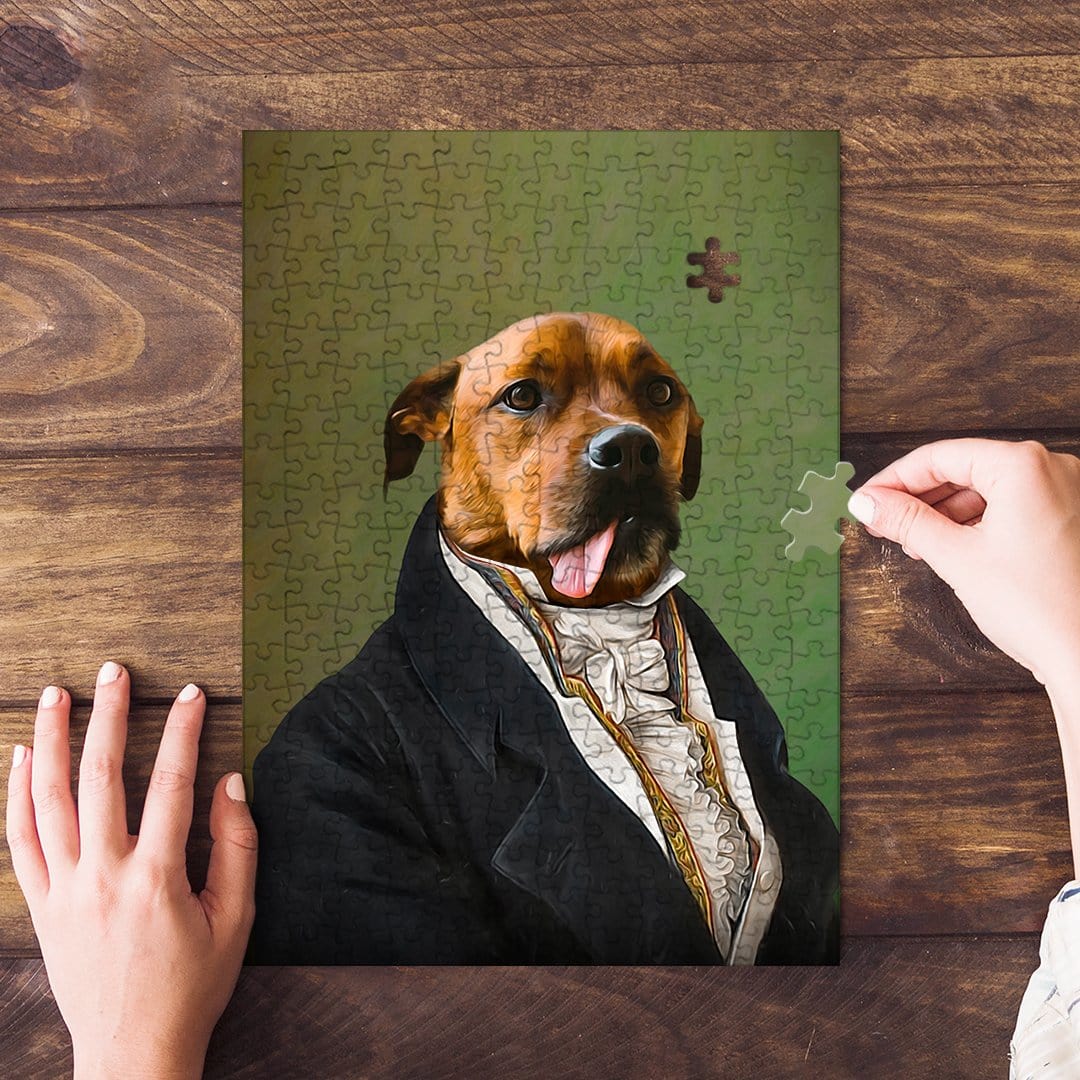 Personalized pet puzzle featuring a dog in a royal renaissance portrait style, being assembled on a wood table.